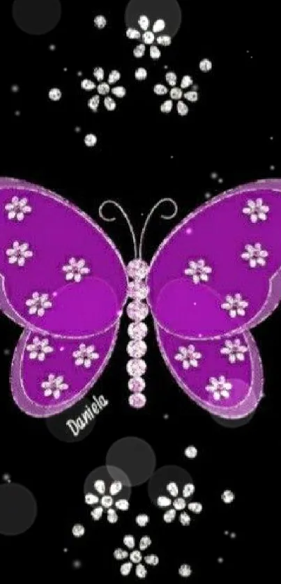 Purple butterfly with hearts and flowers on black background.