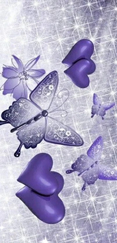 Purple butterfly and heart design wallpaper for mobile.