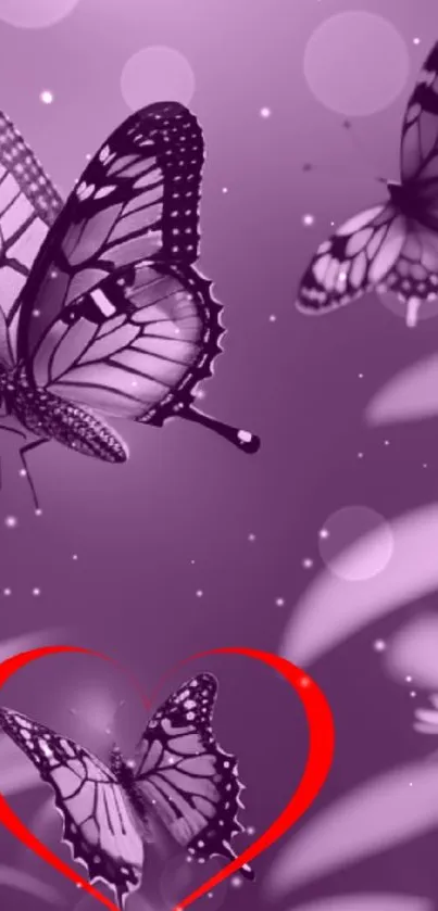 Purple butterfly wallpaper with heart design and glowing dots.