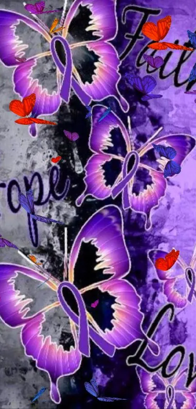 Purple butterflies with words Hope, Faith, and Love on a textured background.