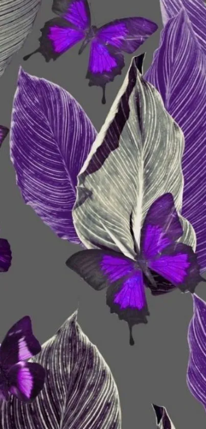 Purple butterflies and leaves art wallpaper for mobile.