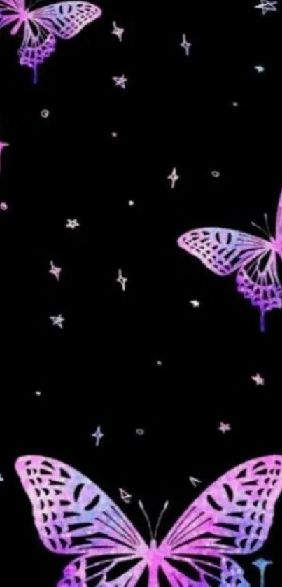 Purple butterflies on black wallpaper with stars and cosmic theme.