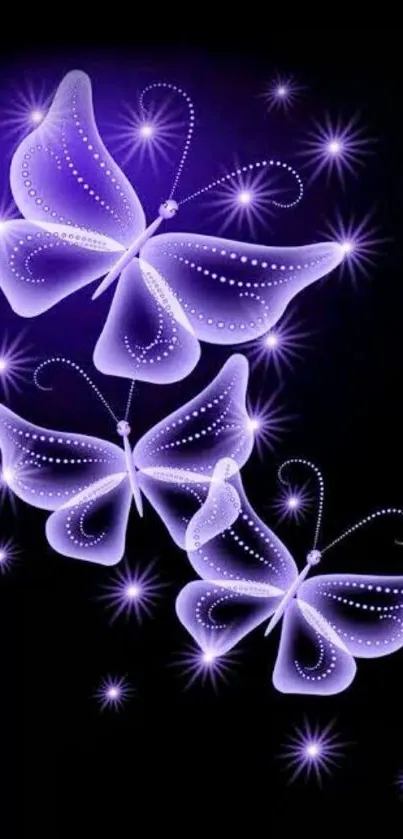 Purple butterflies with glowing stars in a dark background.