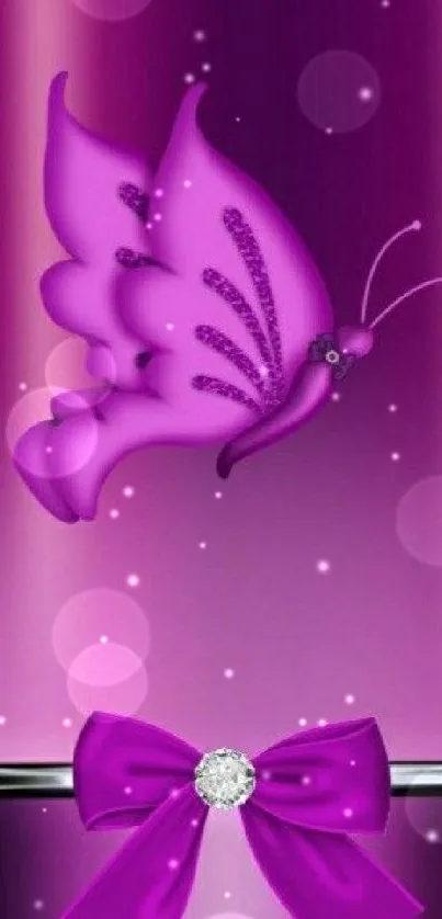 Elegant purple butterfly with bow design on mobile wallpaper.