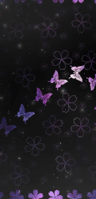 Wallpaper with purple butterflies on black.