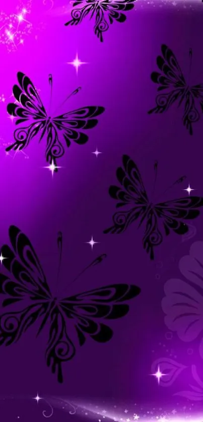 Mobile wallpaper with purple and black butterfly design, adorned with sparkles.