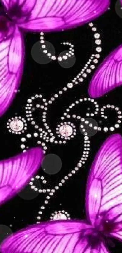 Purple butterflies with jewels on a black background, perfect for mobile wallpaper.