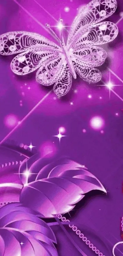 Intricate purple butterfly and flowers wallpaper with sparkles.