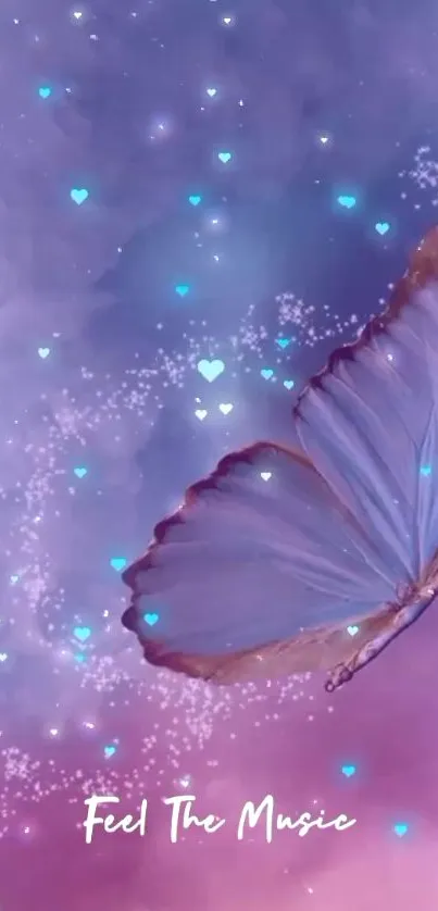 Purple butterfly with hearts and sparkles mobile wallpaper.