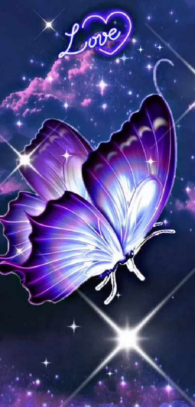 Purple butterfly with neon love text on cosmic background wallpaper.