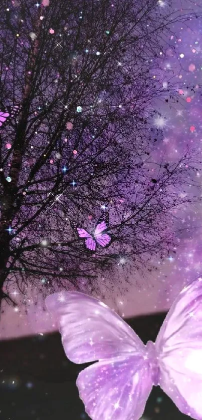 Purple butterflies float in a starry night sky with a silhouetted tree.