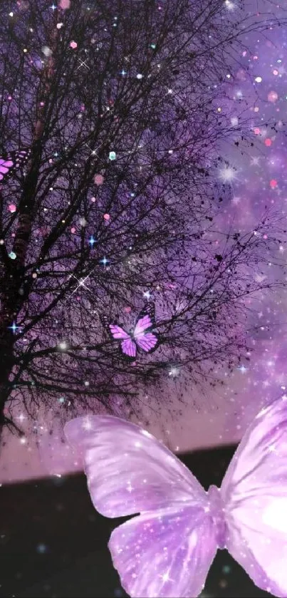 Purple butterflies flutter against a starry night sky backdrop.