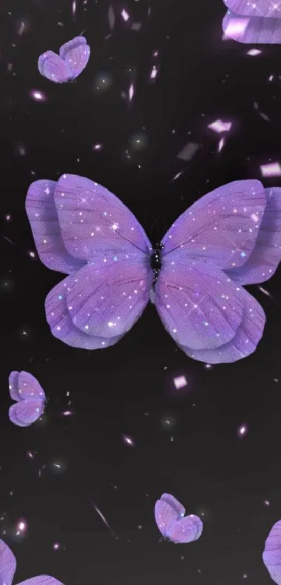 Purple butterflies sparkle on a dark background.