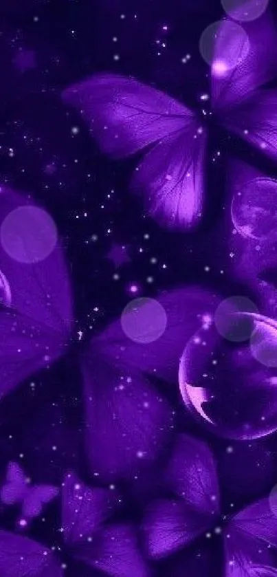 Purple nightscape with butterflies and stars.