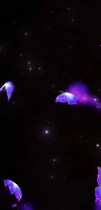 Luminous purple butterflies against a starry black night sky.