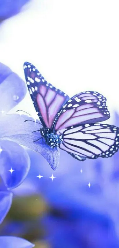 Purple butterfly resting on a vibrant blue flower, ideal for mobile wallpaper.