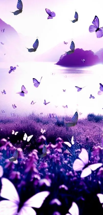 Purple butterflies flutter over a serene lakeside landscape.