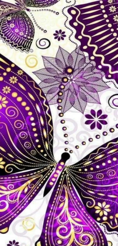 Purple butterfly and floral patterned wallpaper.