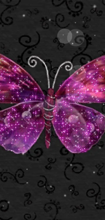 Purple butterfly pattern wallpaper with glitter on black background.