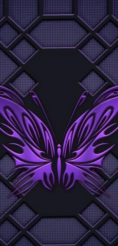 Intricate purple butterfly on geometric background wallpaper.