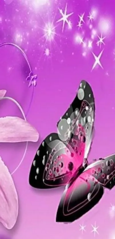 Purple butterfly wallpaper with floral and starry elements.