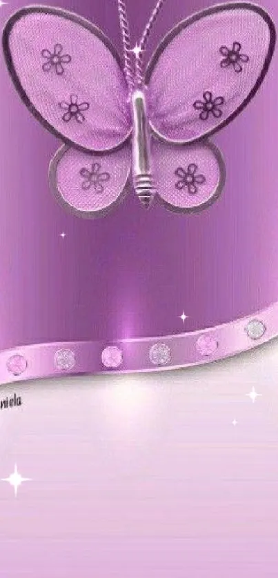 Purple butterfly with floral accents on a phone wallpaper.