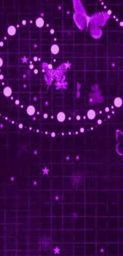 Purple butterfly wallpaper with stars and swirls.