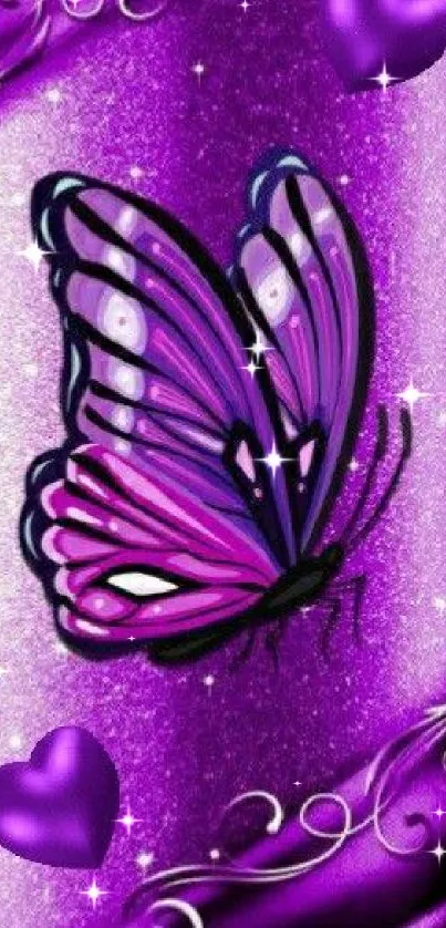 Purple butterfly and hearts phone wallpaper.