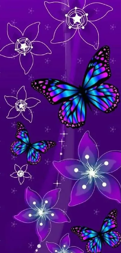 Purple wallpaper with butterflies and flowers.