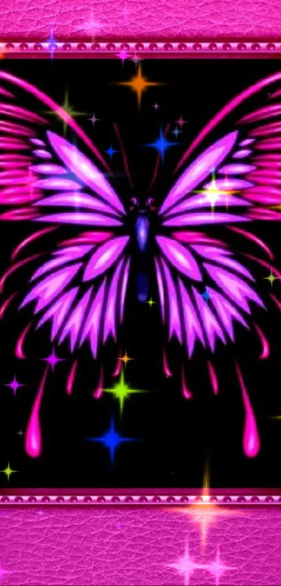 Purple butterfly on a dark background with pink accents.