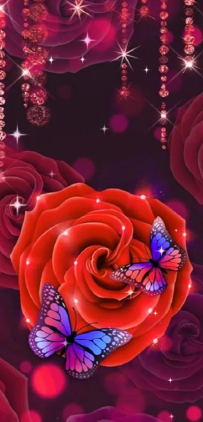 Purple butterflies and red roses wallpaper with sparkling details.