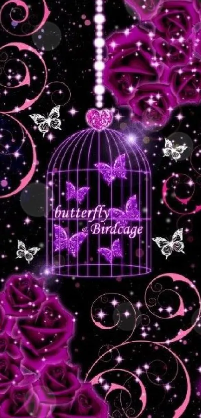 Purple butterfly birdcage with roses and stars wallpaper.