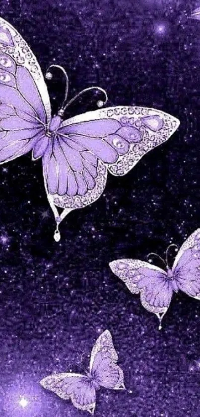 Purple butterflies sparkle in night sky wallpaper.