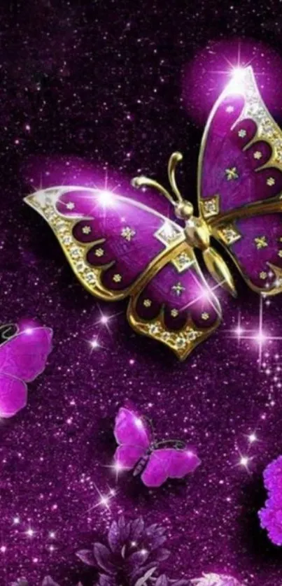 Purple butterfly with sparkling glitter design wallpaper.