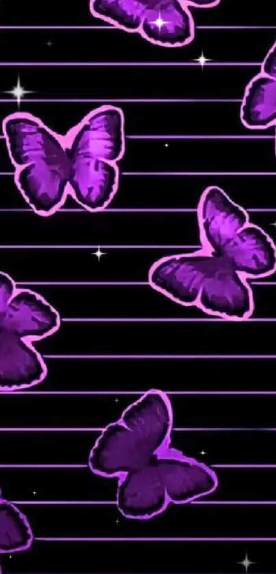 Purple butterflies on black striped background wallpaper.