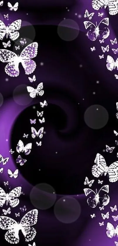 Purple swirl wallpaper with white butterflies creating an elegant pattern.