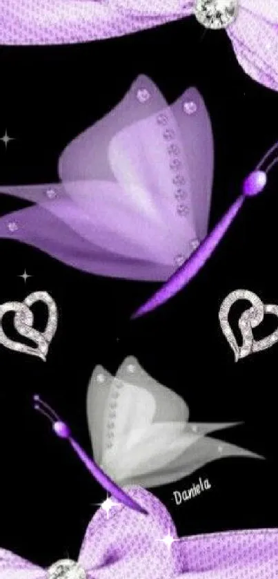 Purple butterfly and ribbon wallpaper with hearts.