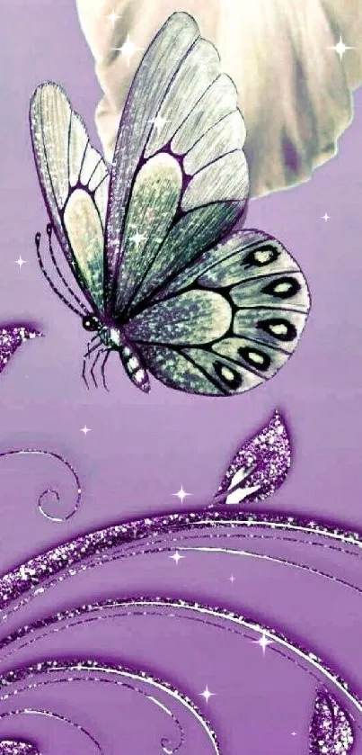 Purple butterfly with floral patterns on a mobile wallpaper background.