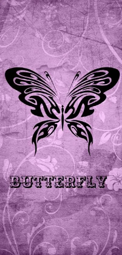 Purple wallpaper with black butterfly design and floral patterns.