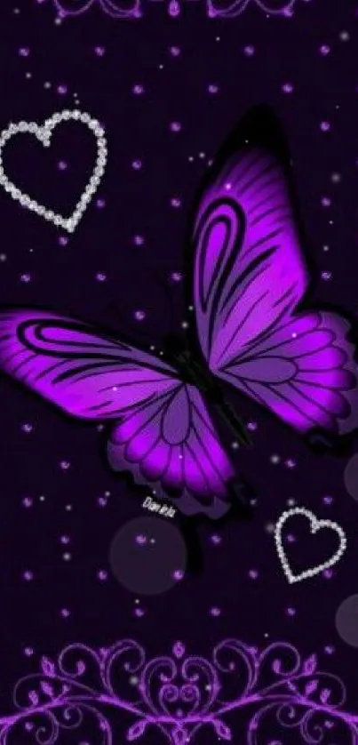 Purple butterfly wallpaper with hearts and intricate designs.