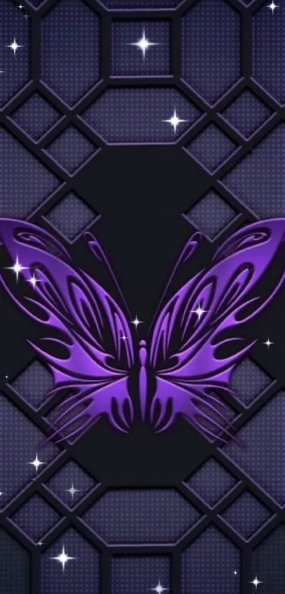 Purple butterfly with geometric patterns on a dark background.