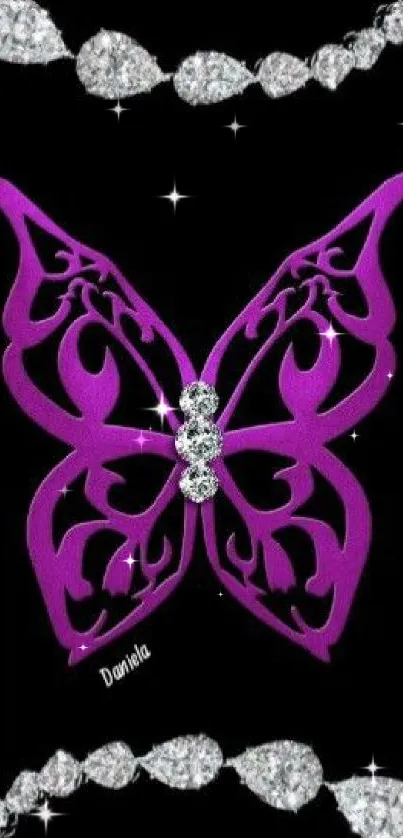 Purple butterfly with diamante accents on black background.