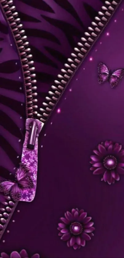 Wallpaper featuring purple butterflies, flowers, and a zipper design.