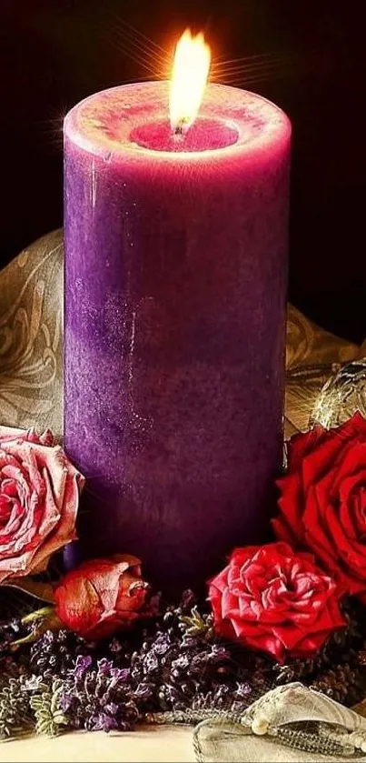 Purple candle with red roses mobile wallpaper.