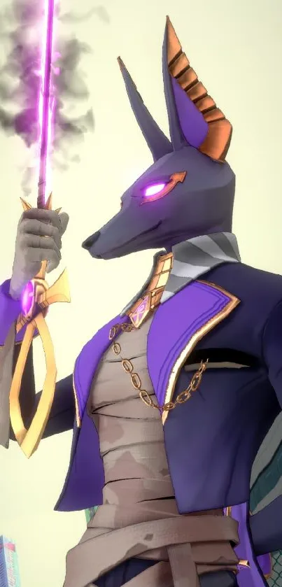 Anime-style canine warrior with sword in vibrant purple hues.