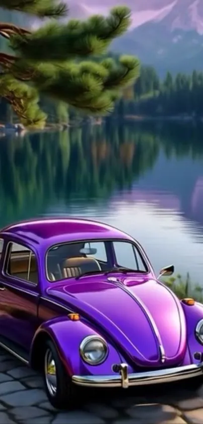 Purple vintage car by a calm lake surrounded by nature.