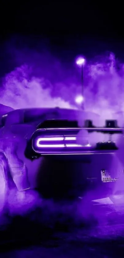 Moody purple car surrounded by mysterious smoke at night.