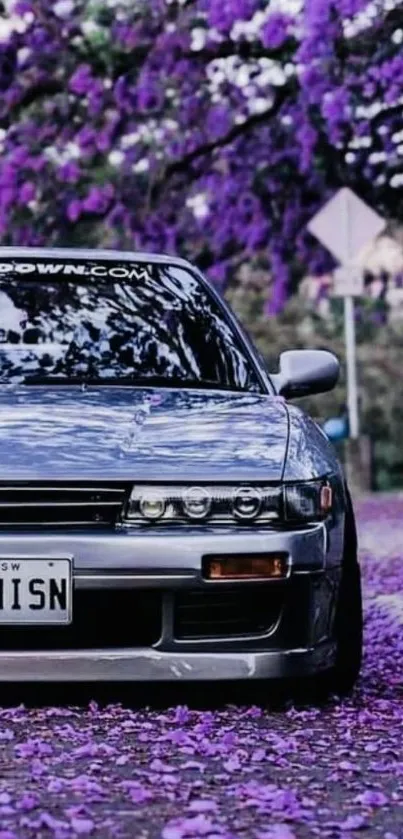 A classic car on a street covered in purple flowers, capturing vibrant and scenic beauty.