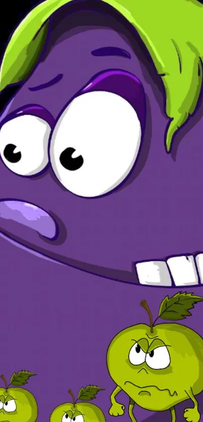 Purple cartoon character with green apples on a playful wallpaper.