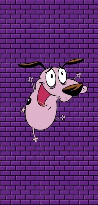 Purple cartoon dog on a brick wall.